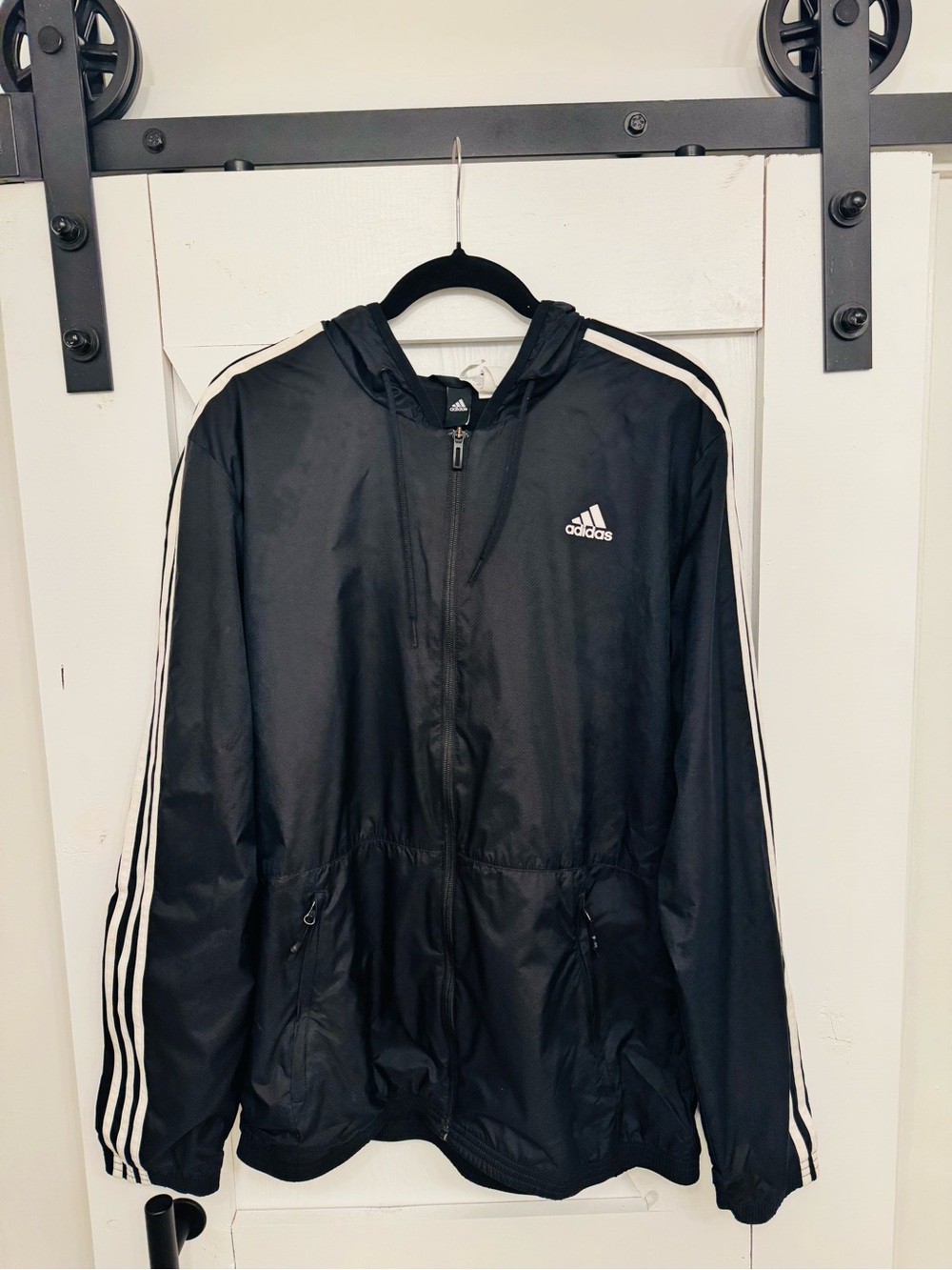 adidas Men’s Black Hooded Windbreaker with White Three-Stripe Detail